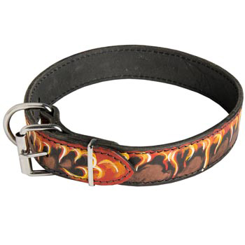 Buckle Leather Dog Collar with Fire Flames for Belgian Malinois